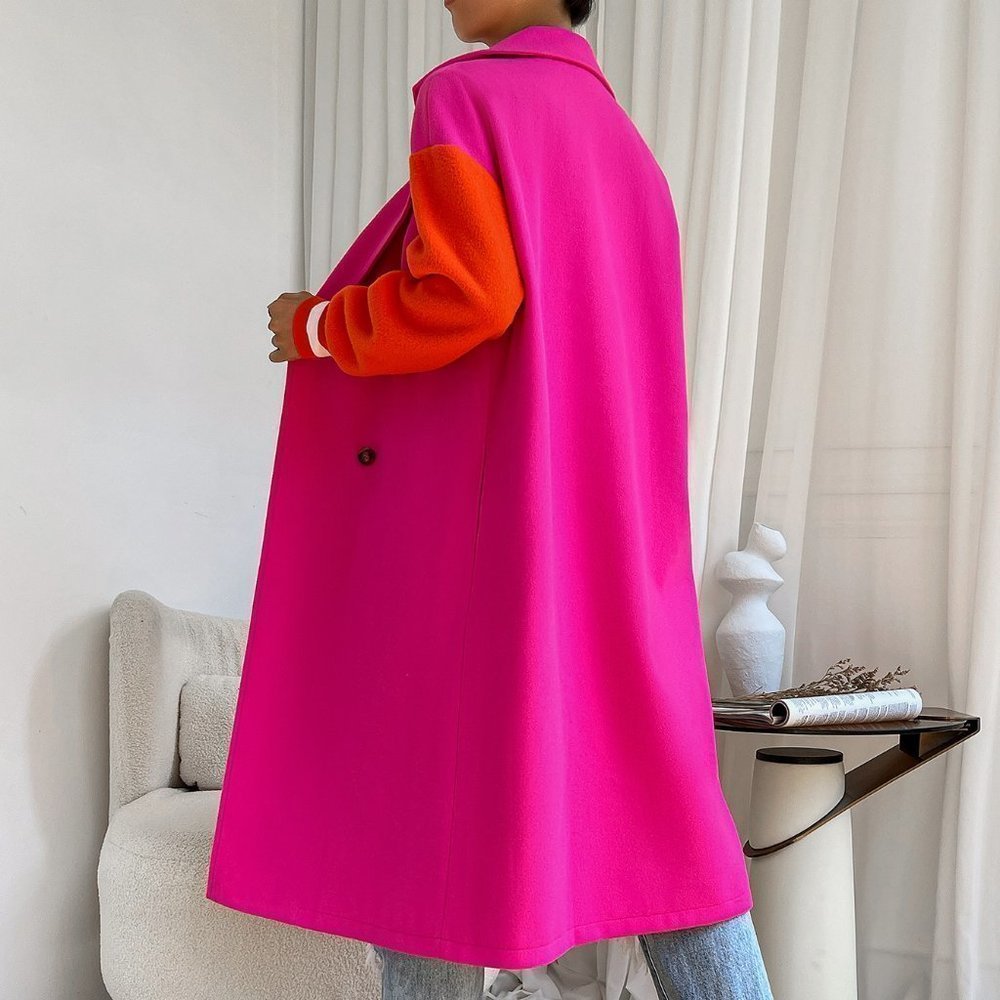Multicolor Casual Womens Colorblock Drop Shoulder Double Breasted Overco… - Picture 4 of 5